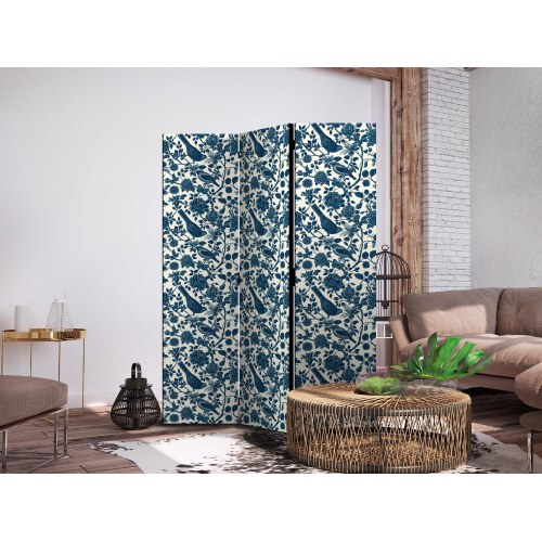 3-panels skærmvæg Rose Vines med blå fugle og roser 135 x 172 cm