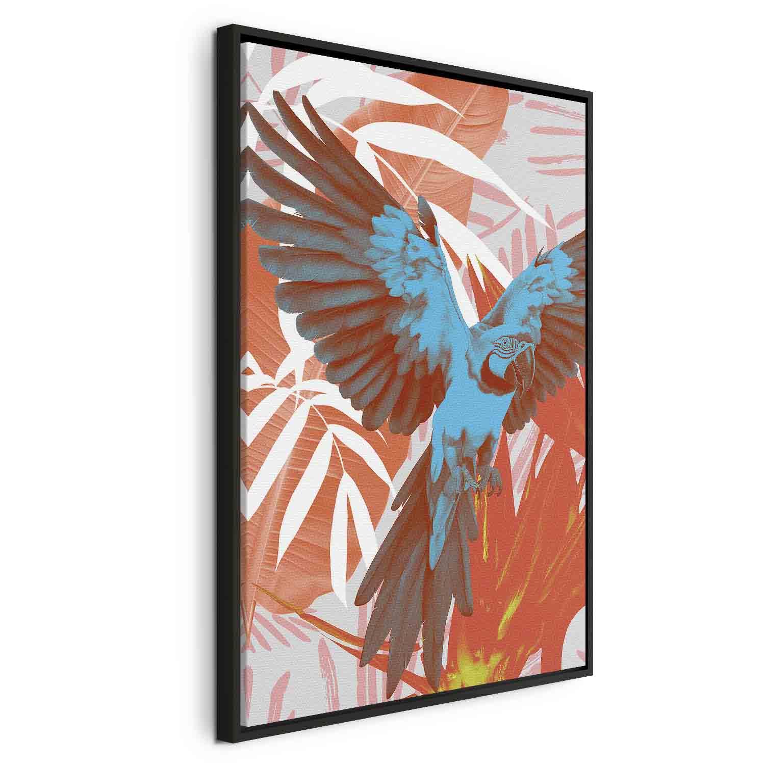Lærredsbillede Eksotiske Vinger - Papegøje blandt abstrakte blade - 80 x 120 cm - I en sort træramme