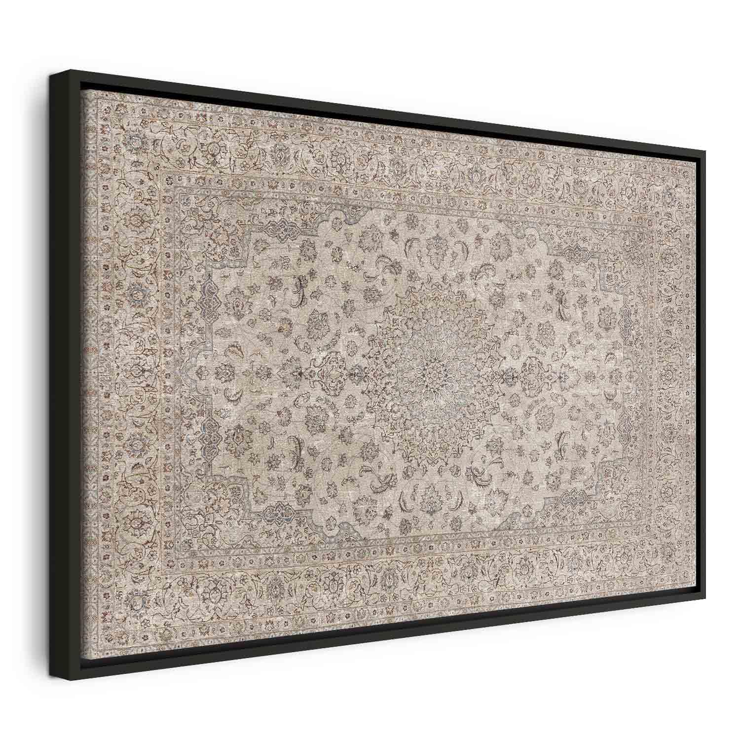 Lærredsbillede Sandtæppe - slidt persisk tæppe med dekorative motiver - 90 x 60 cm - I en sort træramme
