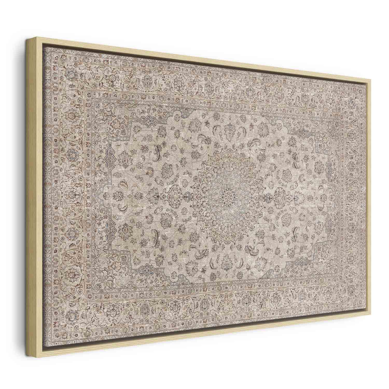 Lærredsbillede Sandtæppe - slidt persisk tæppe med dekorative motiver - 90 x 60 cm - I en naturlig træramme