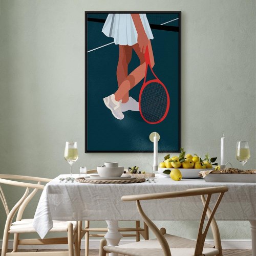 Lærredsbillede med kvindelig tennisspiller og rød ketcher