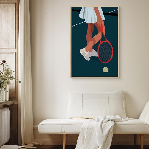 Lærredsbillede med kvindelig tennisspiller og rød ketcher