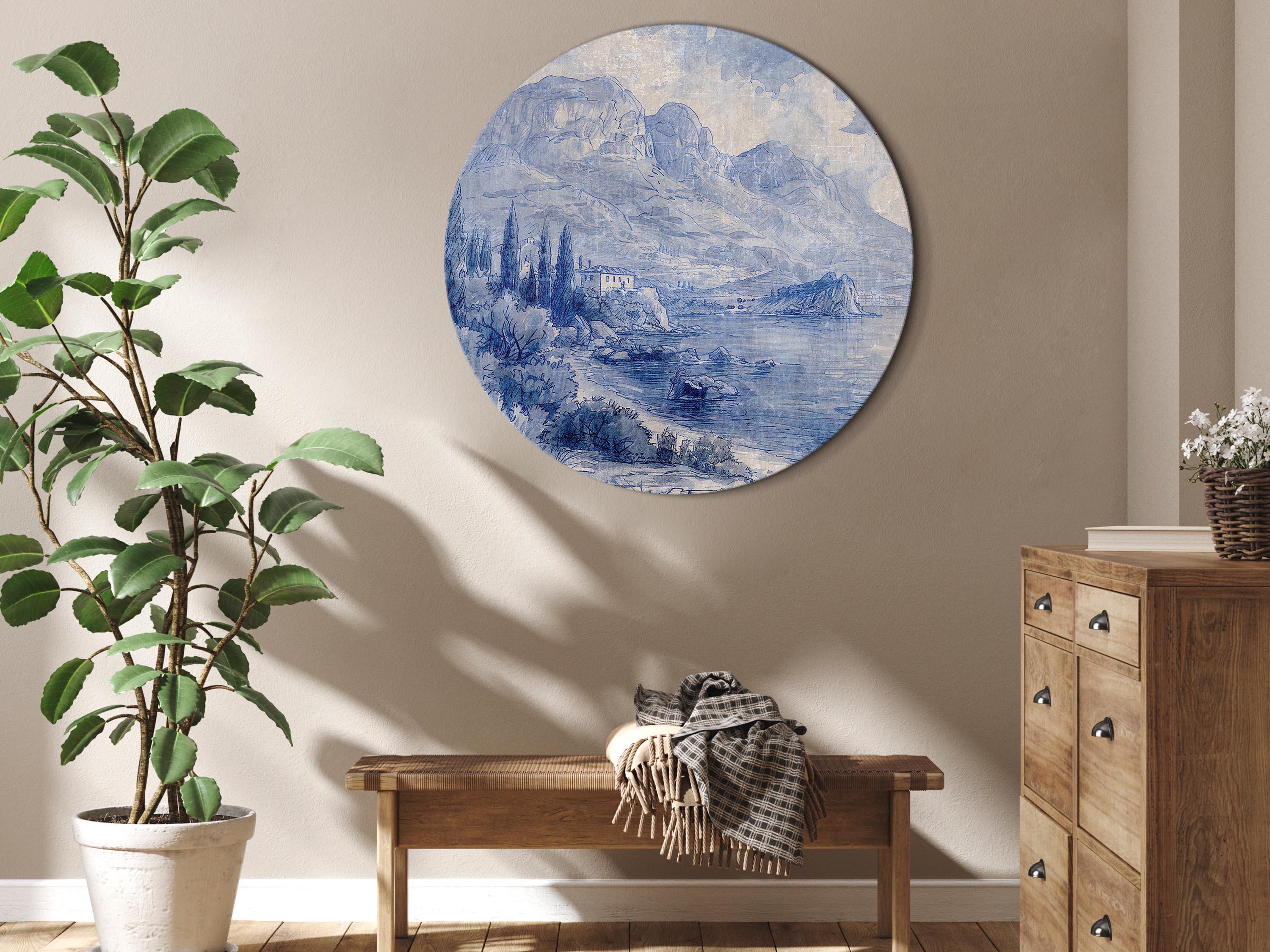 Rundt lærredsprint Blue Bay med italiensk landskab ved Comosøen - 60 x 60 cm billede