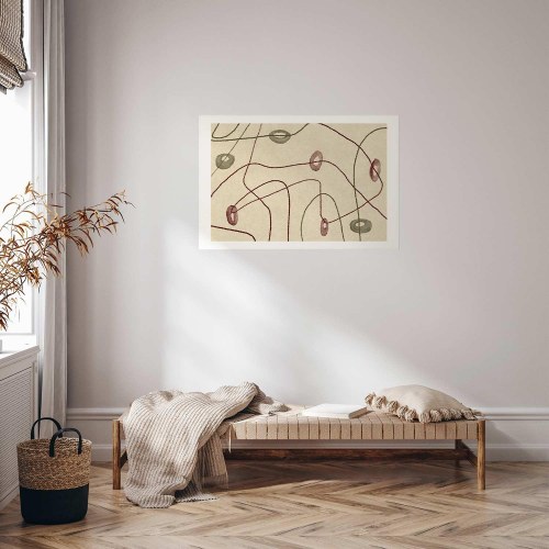 Abstrakt plakat med linjer og former på beige baggrund