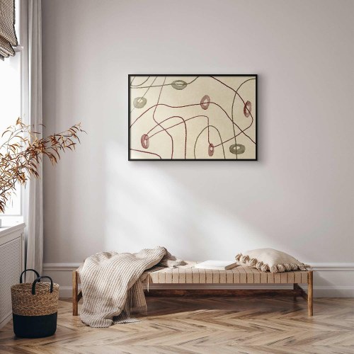 Abstrakt plakat med linjer og former på beige baggrund