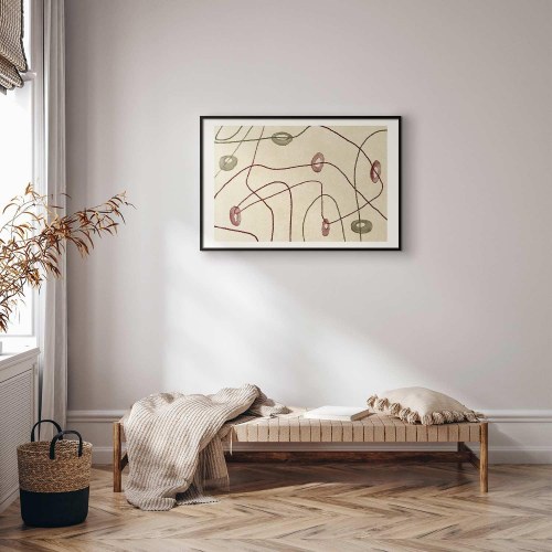 Abstrakt plakat med linjer og former på beige baggrund