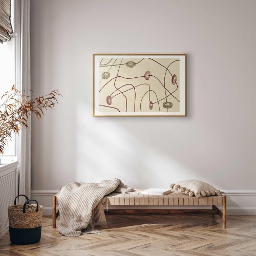 Abstrakt plakat med linjer og former på beige baggrund