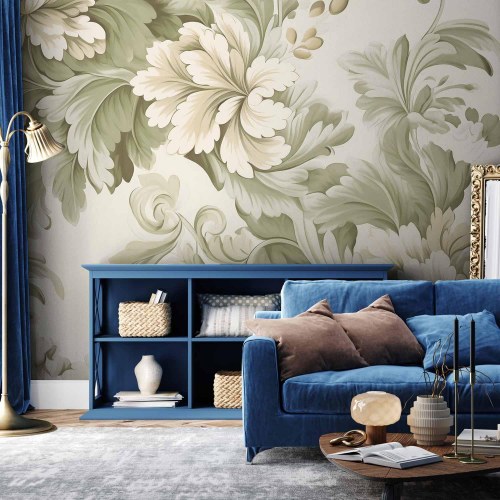 Fototapet med retro vintage blomster i sarte creme- og grønne nuancer