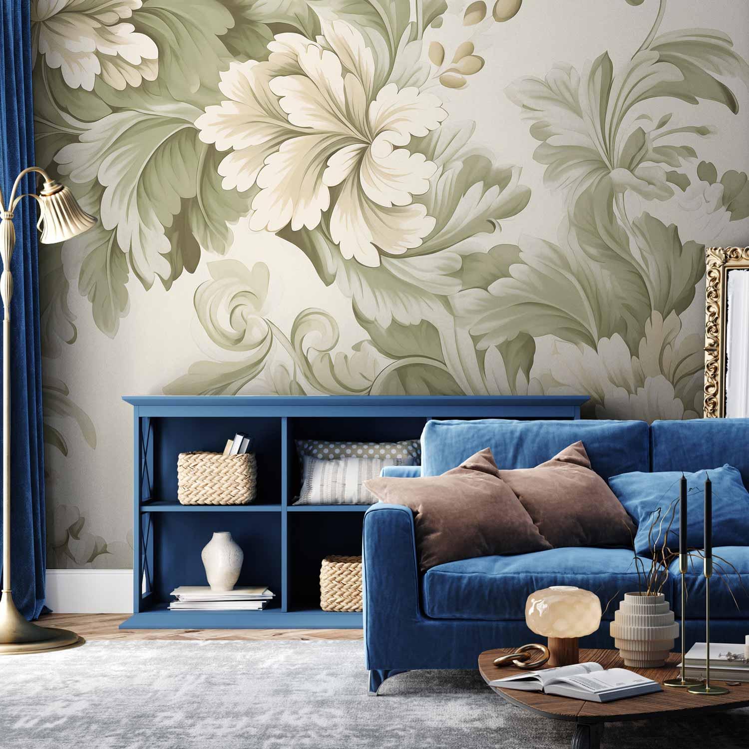 Fototapet med retro vintage blomster i sarte creme- og grønne nuancer