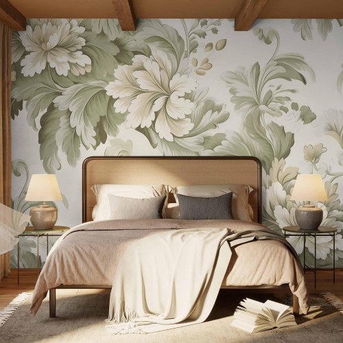 Fototapet med retro vintage blomster i sarte creme- og grønne nuancer