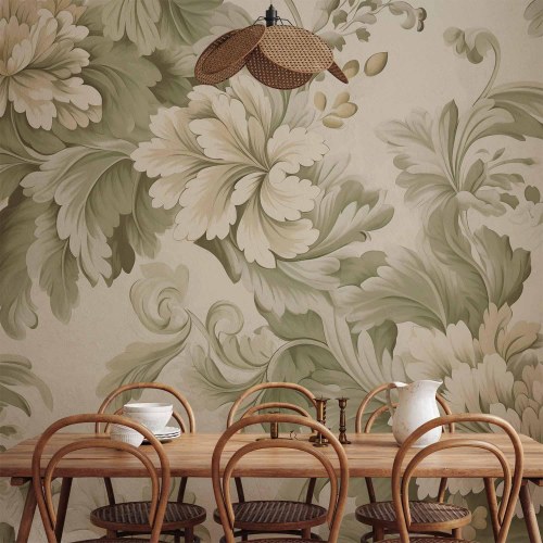 Fototapet med retro vintage blomster i sarte creme- og grønne nuancer