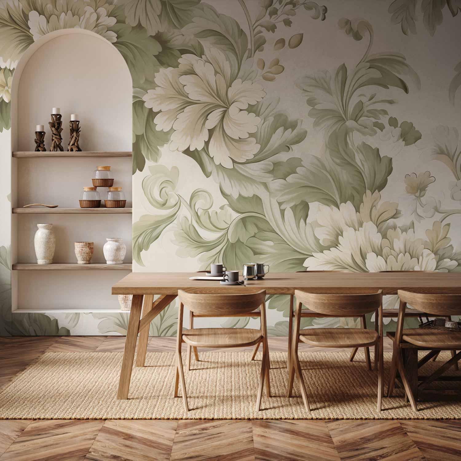 Fototapet med retro vintage blomster i sarte creme- og grønne nuancer - 200 x 140 cm - Vandtæt