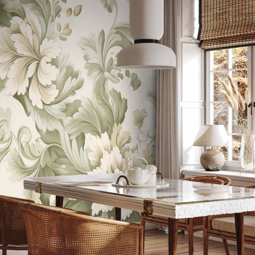 Fototapet med retro vintage blomster i sarte creme- og grønne nuancer