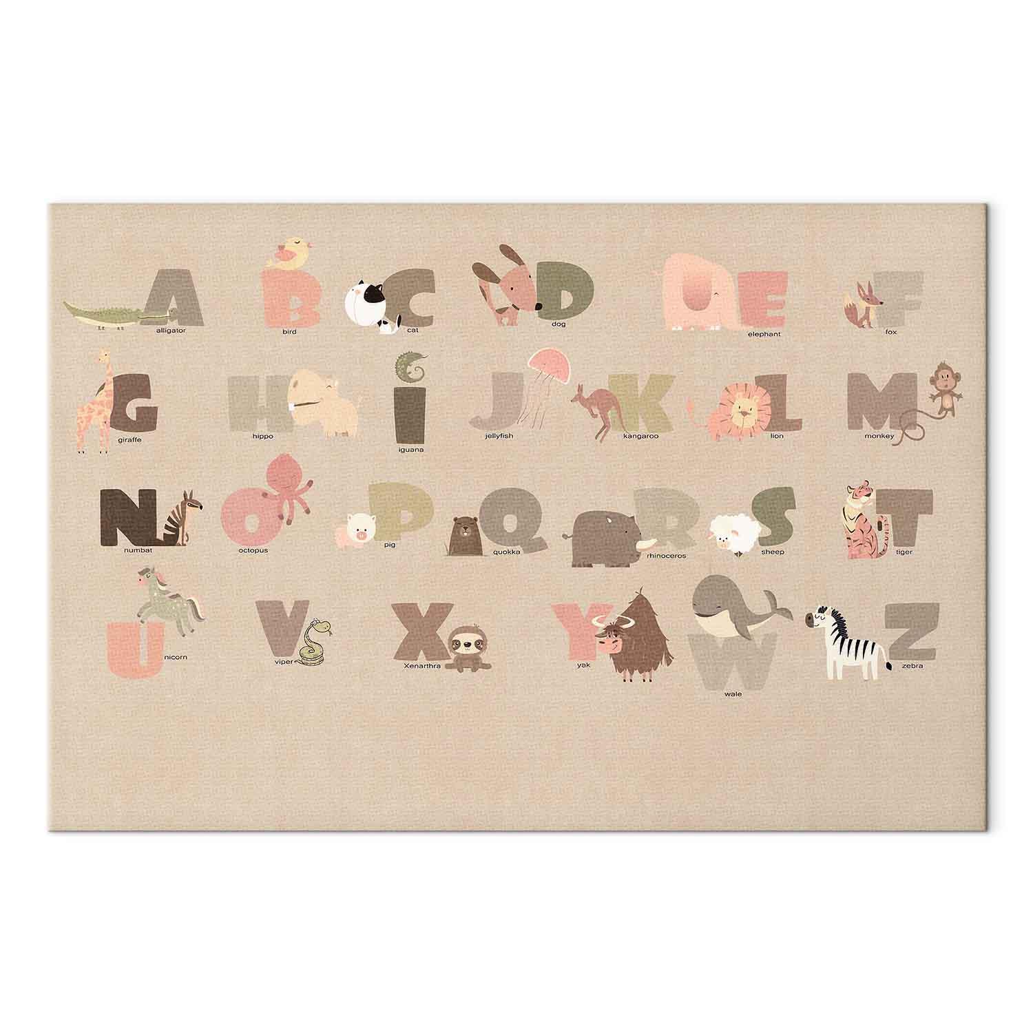 Billede på lærred - Zoo-alfabet med glade dyr og navne på beige baggrund - 60 x 40 cm - Akustisk