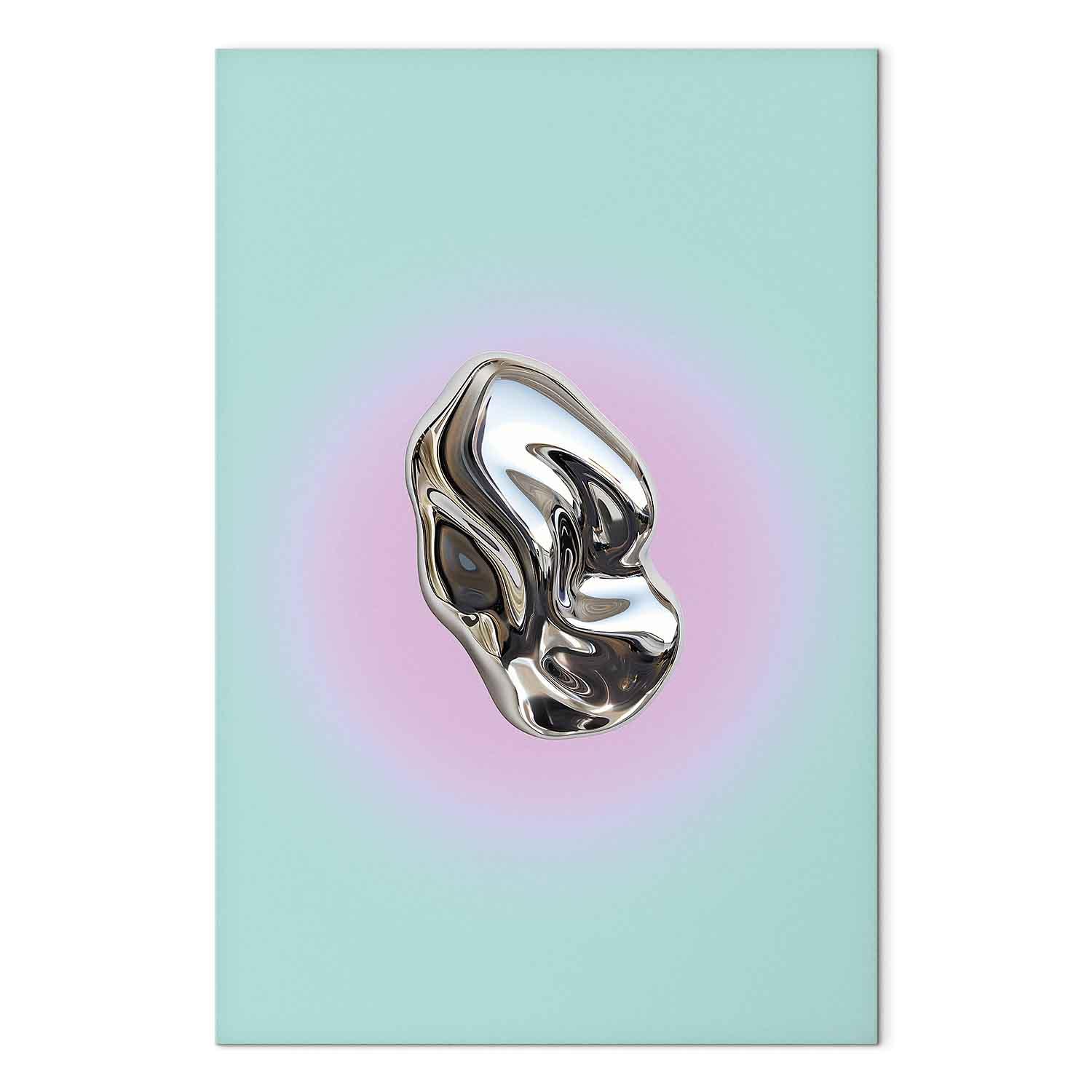 Abstrakt lærredsbillede med metallisk form på mintgrøn baggrund med lilla glorie - 60 x 90 cm - Premium Print