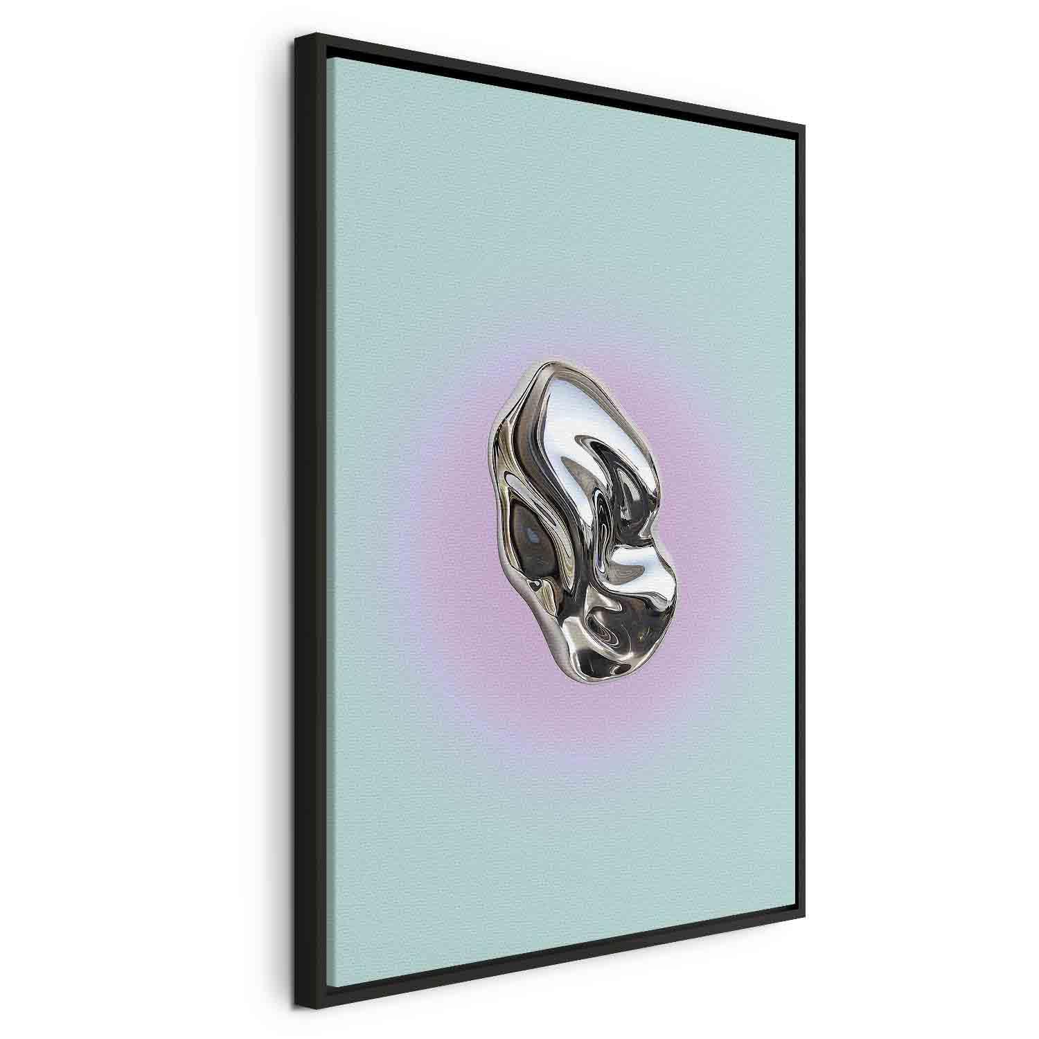 Abstrakt lærredsbillede med metallisk form på mintgrøn baggrund med lilla glorie - 60 x 90 cm - I en sort træramme