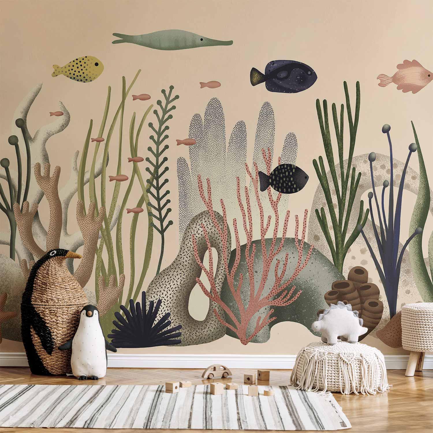 Fototapet til børn - Undervandsverden med fisk og koraller i pastelfarver - 250 x 175 cm - Vandtæt