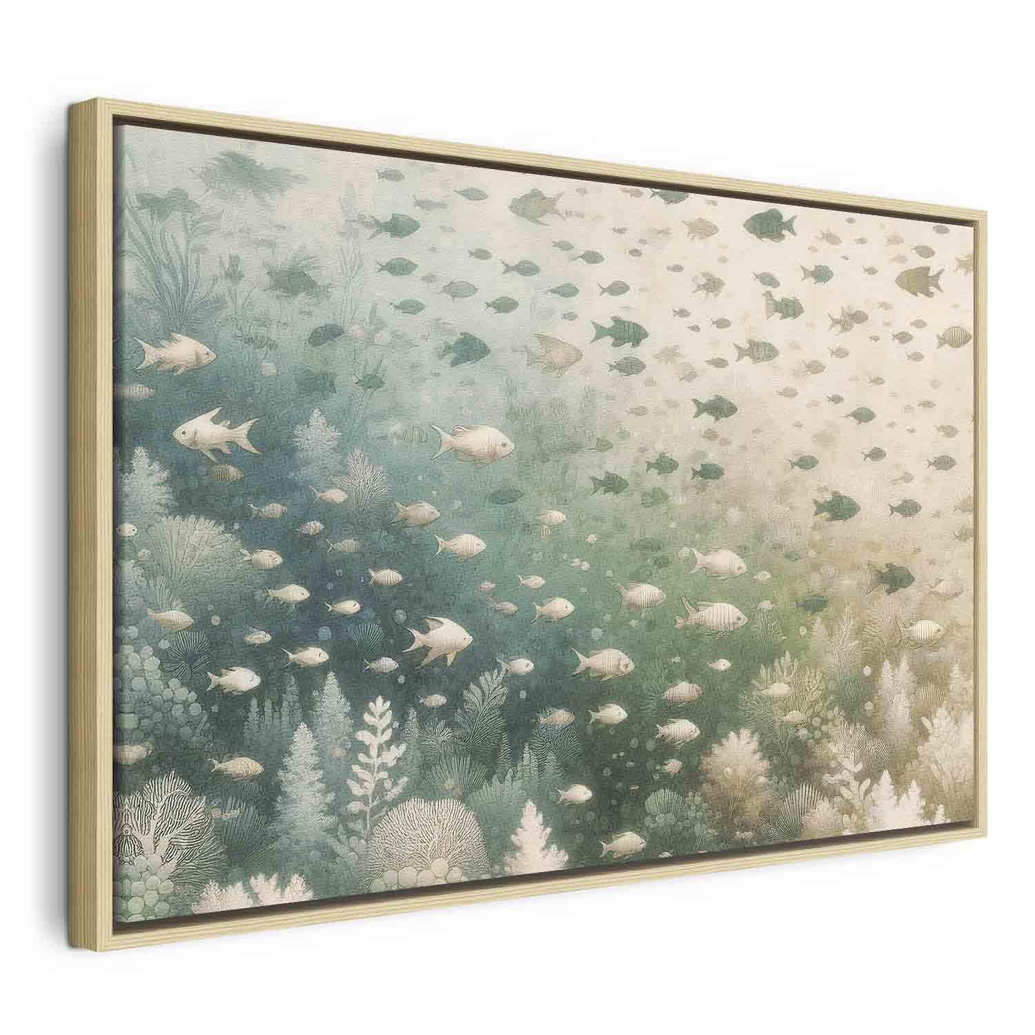 Lærredsbillede Den marine verden med fisk - 90 x 60 cm - I en naturlig træramme