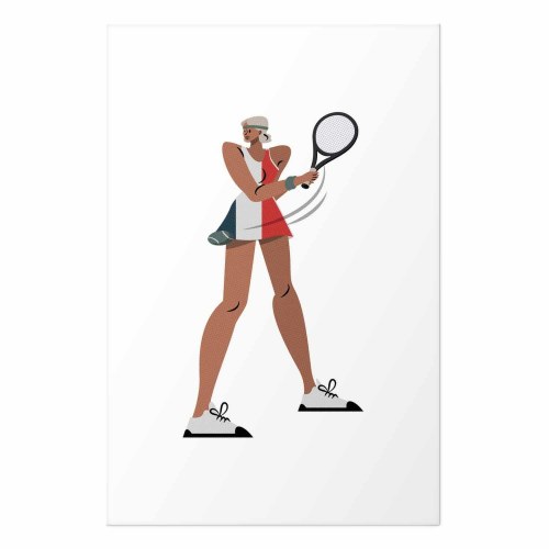Plakat med tennisspiller og ketcher på hvid baggrund - illustration