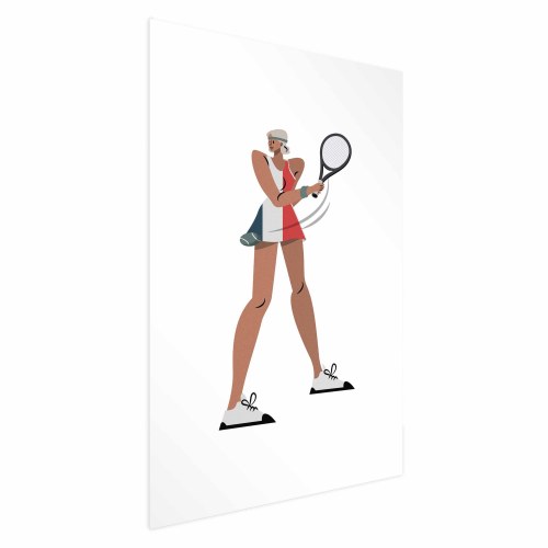 Plakat med tennisspiller og ketcher på hvid baggrund - illustration
