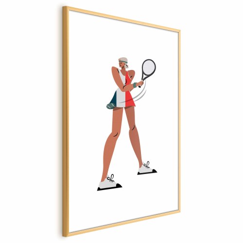 Plakat med tennisspiller og ketcher på hvid baggrund - illustration