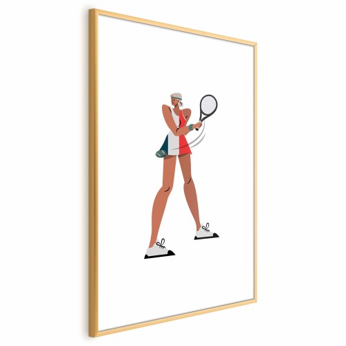 Plakat med tennisspiller og ketcher på hvid baggrund - illustration