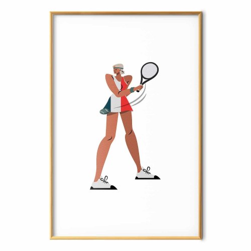 Plakat med tennisspiller og ketcher på hvid baggrund - illustration