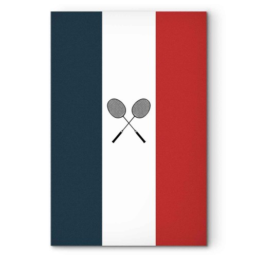 Lærredsbillede med sorte badmintonketsjere og det franske flag