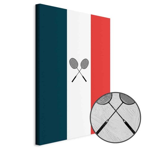Lærredsbillede med sorte badmintonketsjere og det franske flag