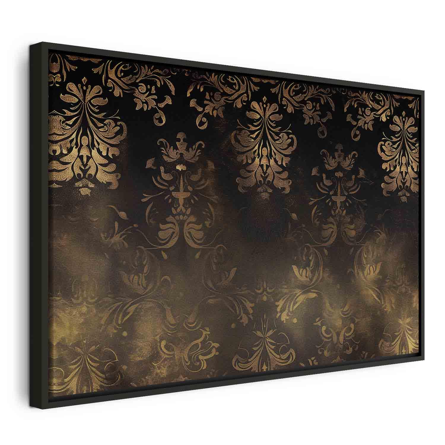 Lærredsbillede med barokke ornamenter i patineret guld og brune nuancer - 120 x 80 cm - I en sort træramme