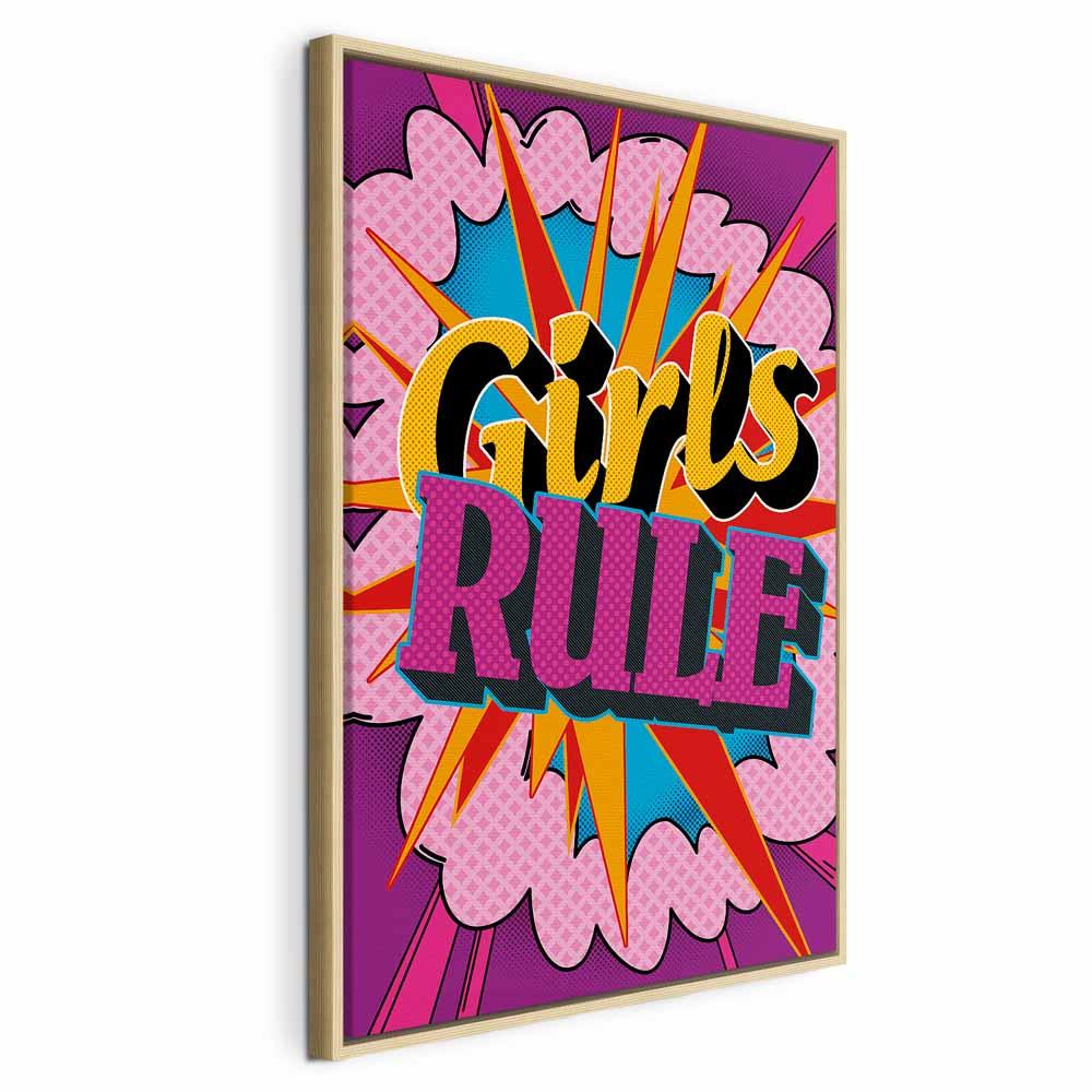 Lærredsbillede Girls Rule - farverigt børnebillede til væg - 80 x 120 cm - I en naturlig træramme
