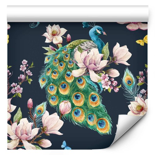Tapet med magnolier og påfugle - blomstertapet 10 m
