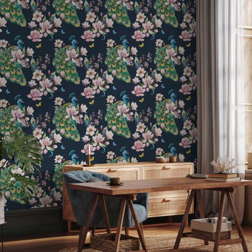 Tapet med magnolier og påfugle - blomstertapet 10 m