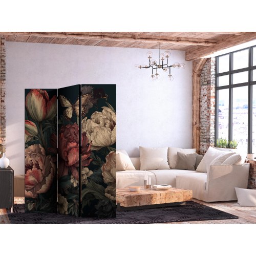 Skærmvæg med blomsterillustration og sommerfugl - turkis baggrund 135 x 172 cm