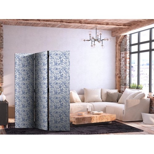 Skærmvæg med blå blomster på hvid baggrund - 3-panels rumdeler 135 x 172 cm