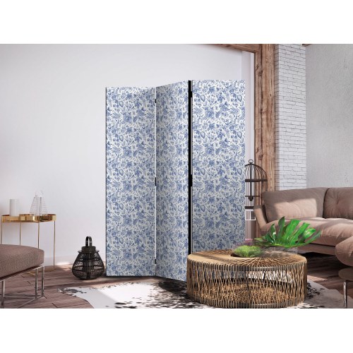 Skærmvæg med blå blomster på hvid baggrund - 3-panels rumdeler 135 x 172 cm