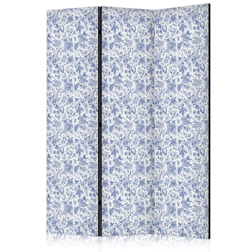 Skærmvæg med blå blomster på hvid baggrund - 3-panels rumdeler 135 x 172 cm