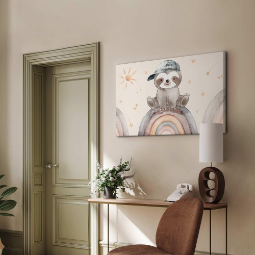 Lærredsbillede til børn Happy Sloth med dovendyr på regnbue