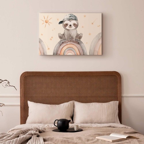 Lærredsbillede til børn Happy Sloth med dovendyr på regnbue