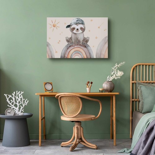 Lærredsbillede til børn Happy Sloth med dovendyr på regnbue
