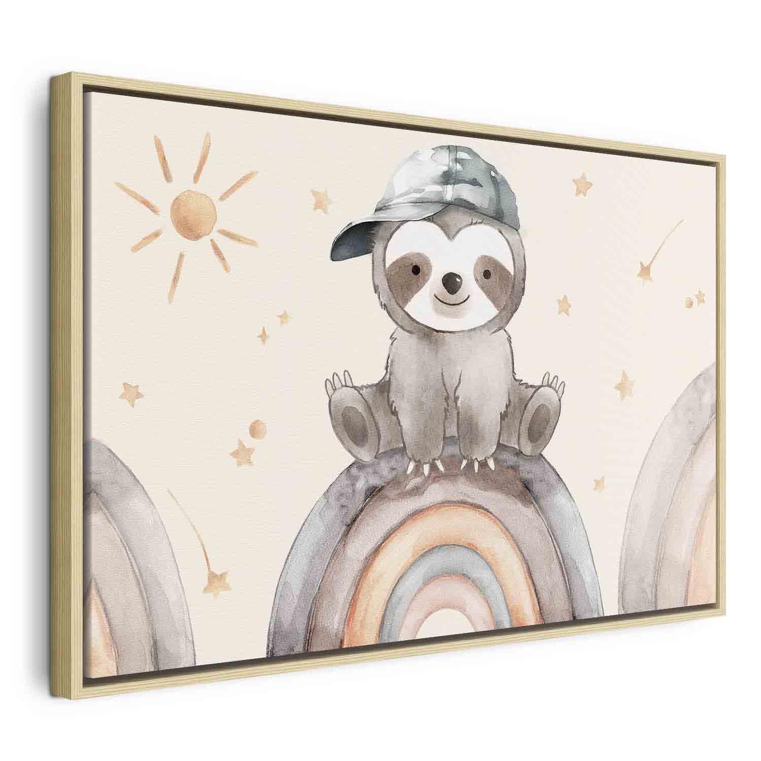 Lærredsbillede til børn Happy Sloth med dovendyr på regnbue - 120 x 80 cm - I en naturlig træramme