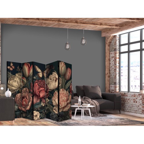 Skærmvæg med blomsterillustrationer - 5-panels rumdeler med blomsterknopper på turkis baggrund