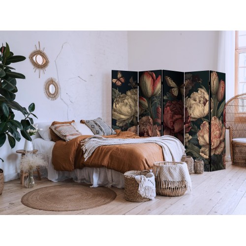 Skærmvæg med blomsterillustrationer - 5-panels rumdeler med blomsterknopper på turkis baggrund