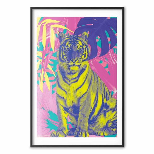 Plakat med farverig tiger og tropiske planter