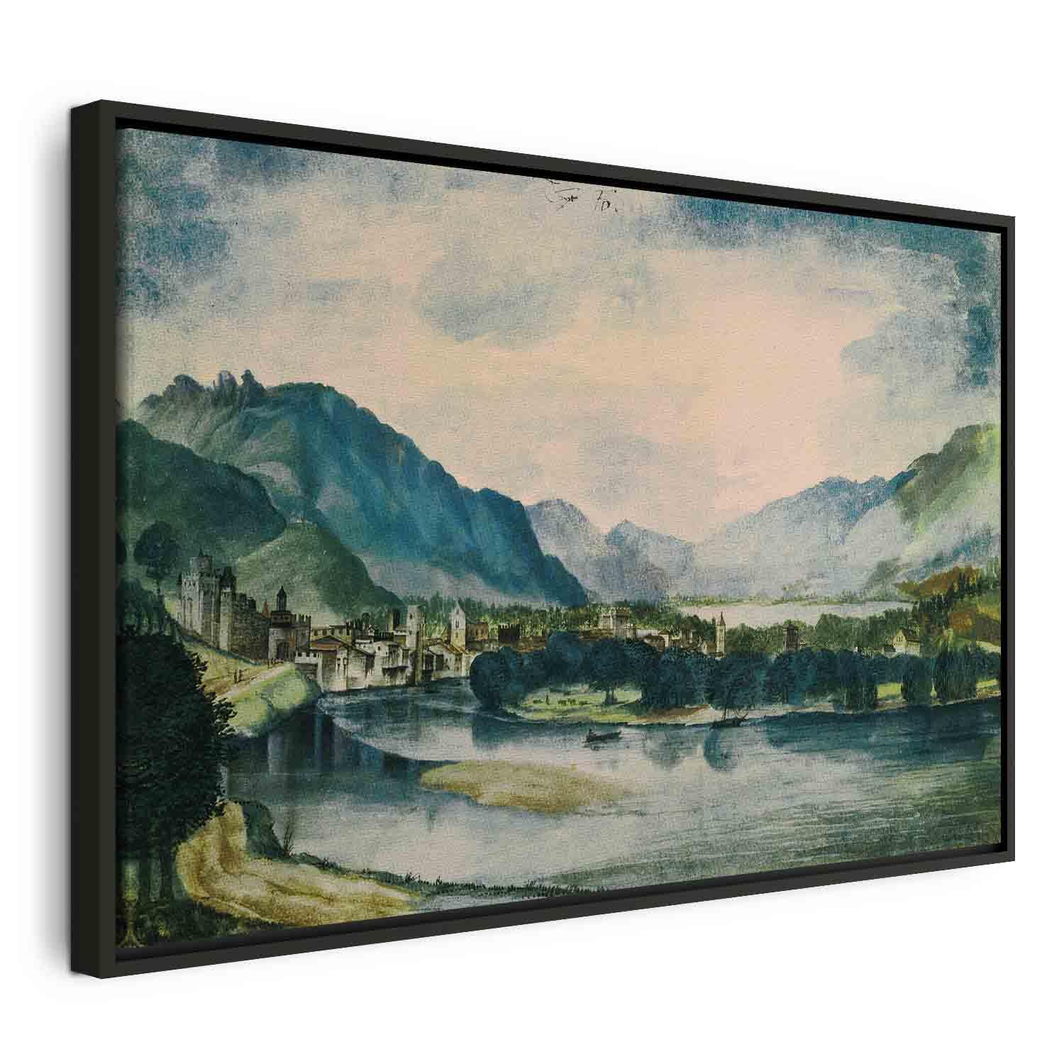 Albrecht Dürer billede på lærred - Udsigt over Trento fra nord - 120 x 80 cm - I en sort træramme