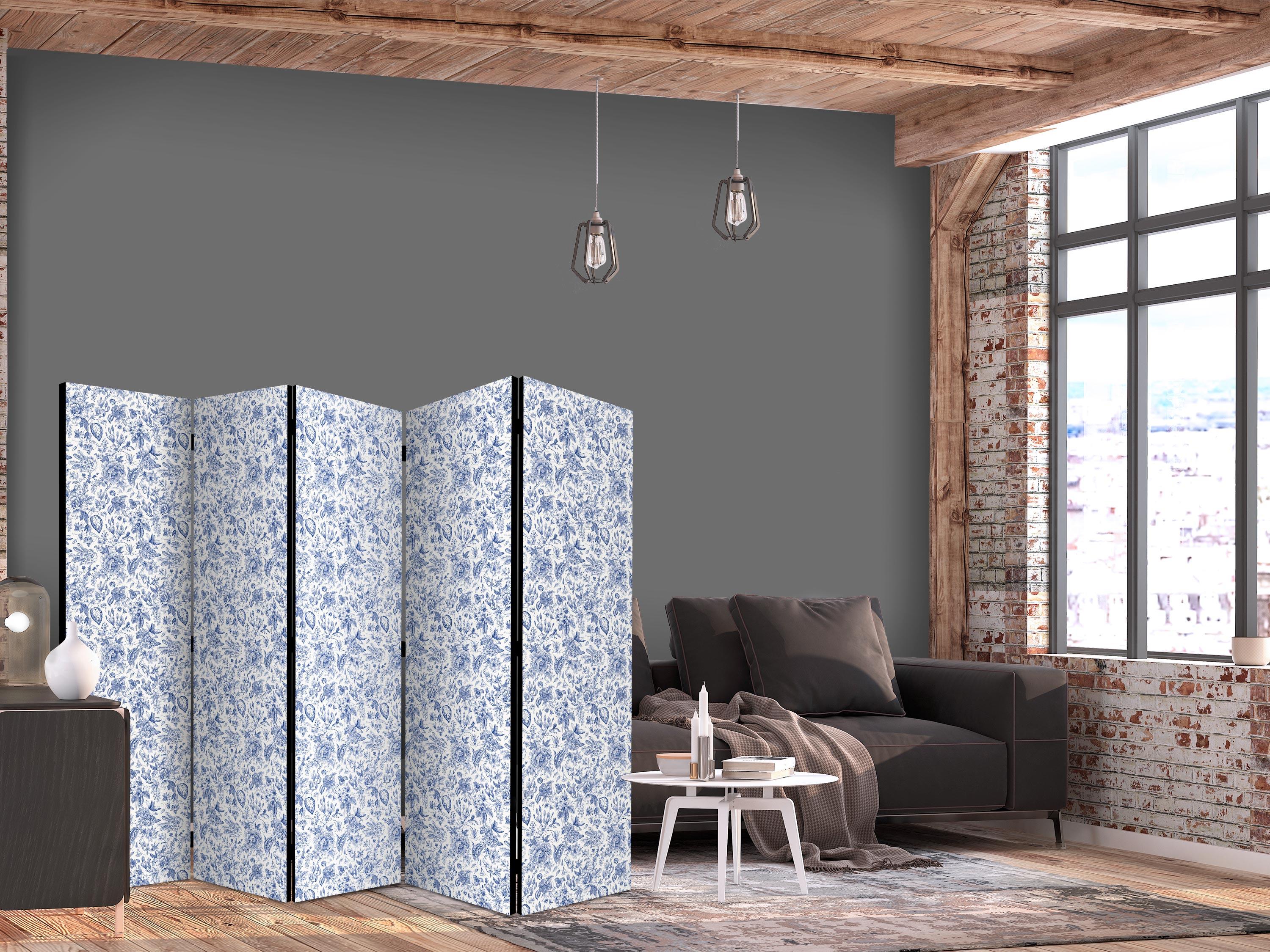 5-panels skærmvæg med blå blomster i vintage stil 225 × 172 cm