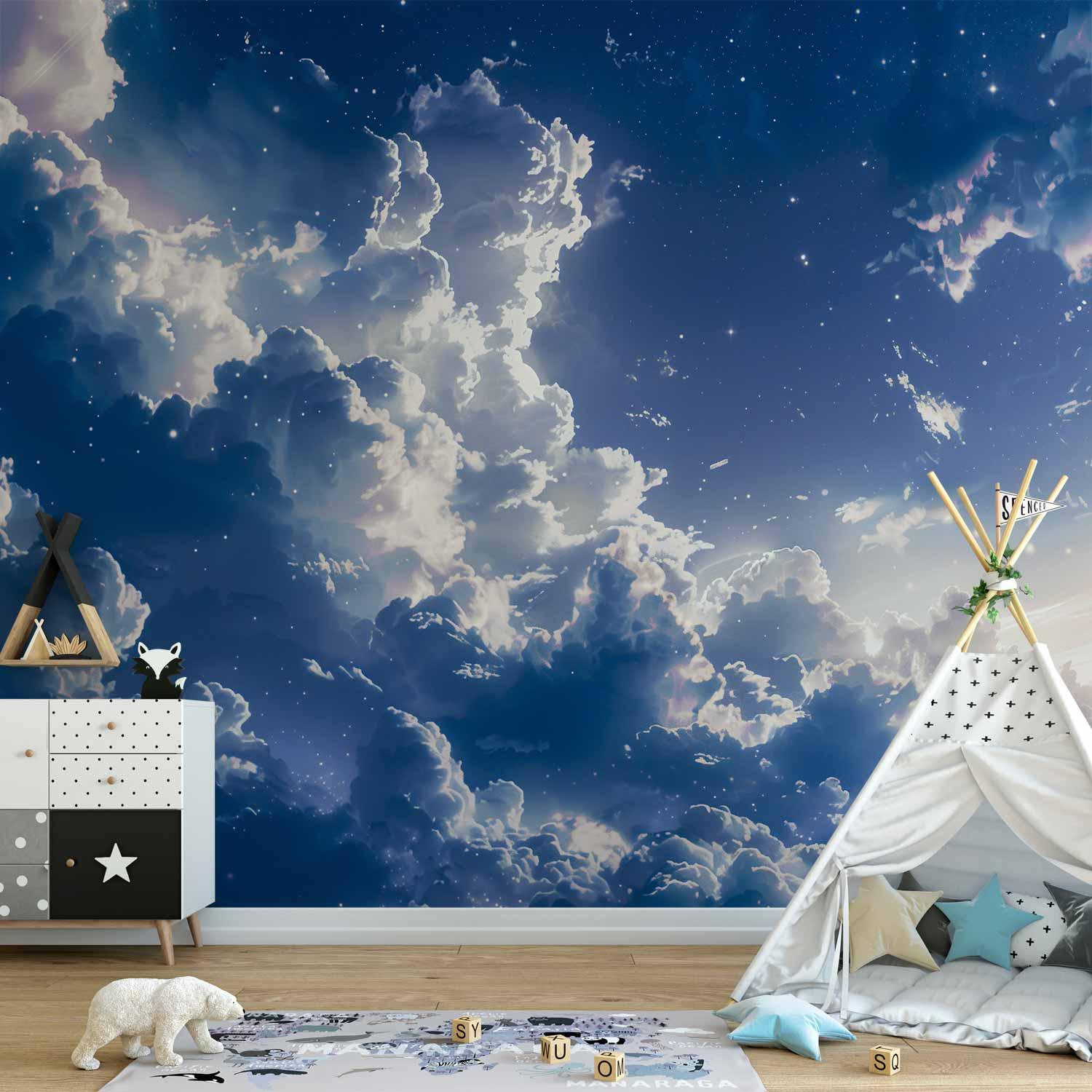 Fototapet med stjerneklædt himmel, skyer og blidt lys - fås i Standard, Premium, Selvklæbende og Vandtæt - 500 x 350 cm - Vandtæt