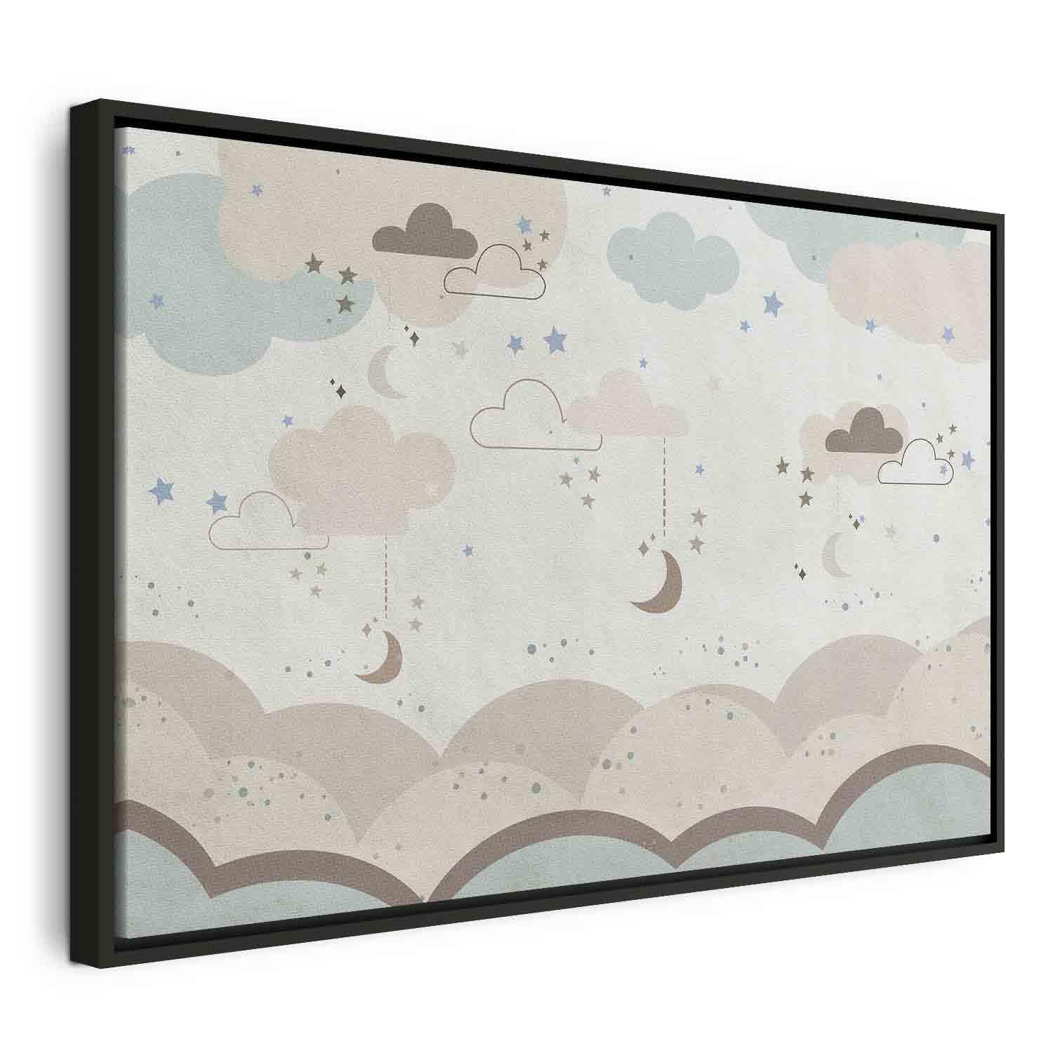 Billede på lærred til børn - Skyet nattehimmel med måner, skyer og stjerner - 120 x 80 cm - I en sort træramme