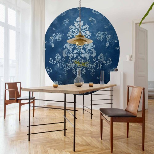 Rundt fototapet med retro ornament i falmede blå nuancer