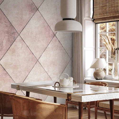 Fototapet med geometrisk flisemønster i rosa og beige